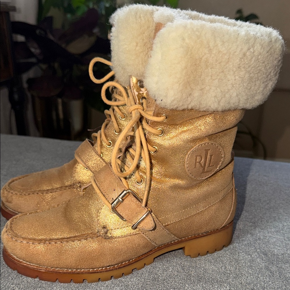 Lauren Ralph Lauren Metallic Tan Lace-Up Shearling Boots - Picture 2 of 7
